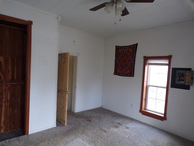 carpeted spare room with ceiling fan