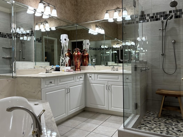 3830 Green Mountain Dr Unit 104, Branson, MO 65616 - full bath featuring a stall shower, double vanity, tile patterned flooring, and a tub with jets