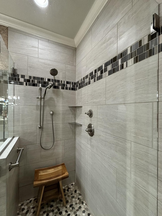 3830 Green Mountain Dr Unit 104, Branson, MO 65616 - bathroom with a tile shower, tile patterned floors, and crown molding