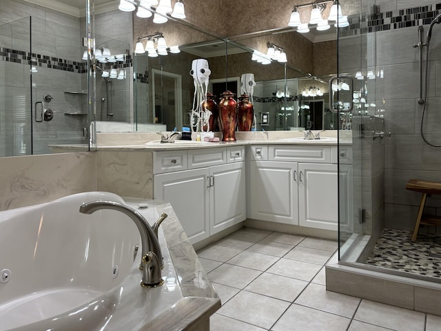 3830 Green Mountain Dr Unit 104, Branson, MO 65616 - bathroom featuring double vanity, a shower stall, a whirlpool tub, and tile patterned flooring