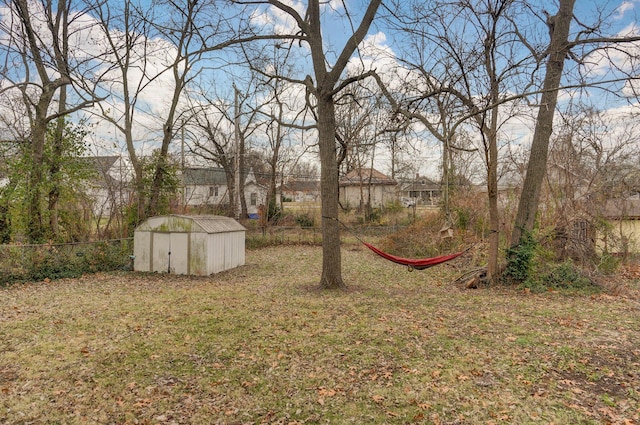 view of yard featuring a storage unit