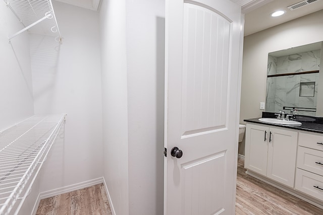 walk in closet with light wood-type flooring and sink