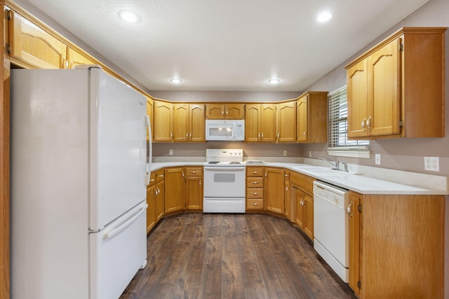 kitchen featuring sink, dark wood-type flooring, and white appliances