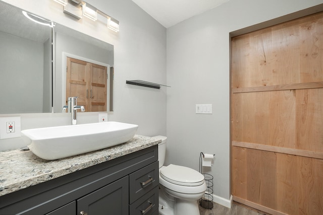 bathroom with vanity, hardwood / wood-style flooring, and toilet