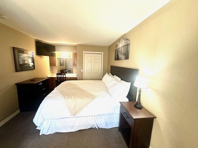 bedroom featuring dark carpet and a closet