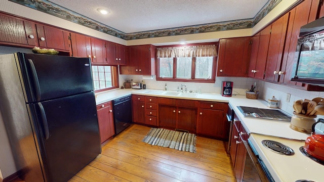 kitchen featuring sink, tasteful backsplash, light hardwood / wood-style flooring, a textured ceiling, and black appliances