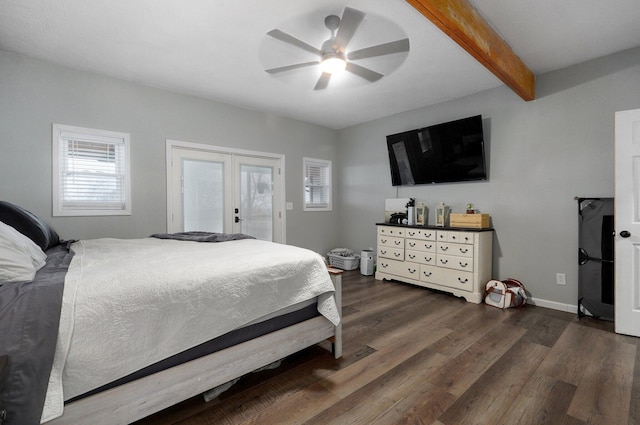 bedroom featuring beam ceiling, ceiling fan, dark hardwood / wood-style flooring, and french doors