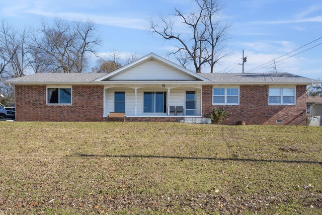 364 W Rd, Branson, MO 65616 - ranch-style house featuring brick siding, covered porch, a front yard, crawl space, and a shingled roof