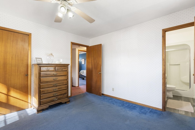 364 W Rd, Branson, MO 65616 - unfurnished bedroom featuring wallpapered walls, carpet, ensuite bath, and ceiling fan