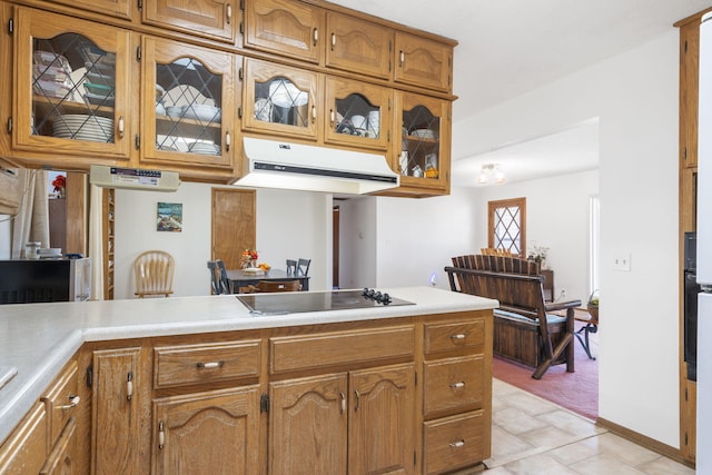 364 W Rd, Branson, MO 65616 - kitchen featuring under cabinet range hood, black electric stovetop, light countertops, glass insert cabinets, and brown cabinetry