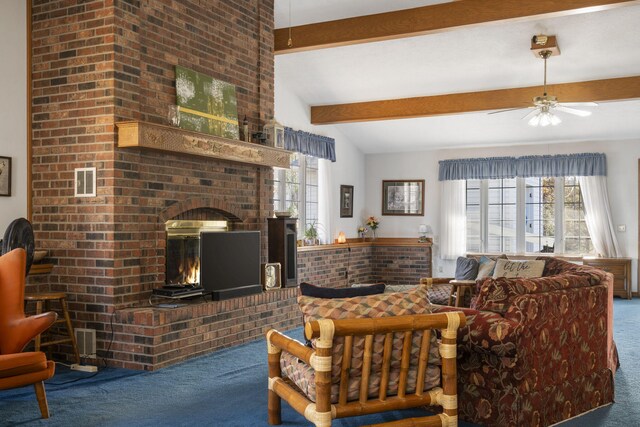 364 W Rd, Branson, MO 65616 - carpeted living room with plenty of natural light, ceiling fan, and a fireplace