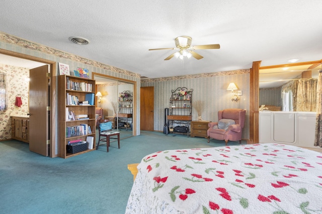 364 W Rd, Branson, MO 65616 - carpeted bedroom featuring wallpapered walls, a closet, connected bathroom, and ceiling fan