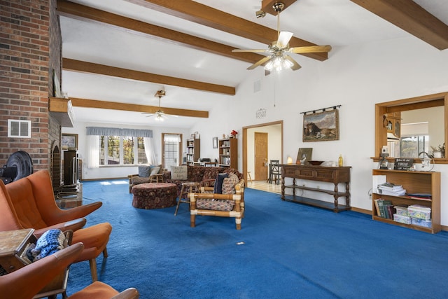 364 W Rd, Branson, MO 65616 - carpeted living area featuring a ceiling fan and a brick fireplace