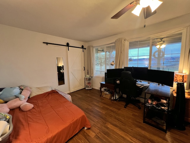 bedroom with ceiling fan, a barn door, and dark hardwood / wood-style flooring