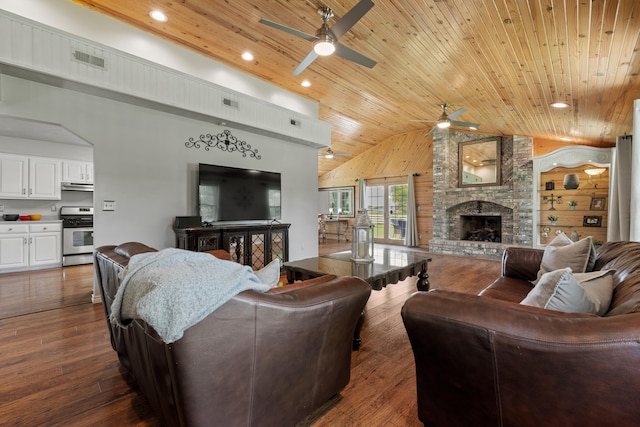 living room featuring a fireplace, high vaulted ceiling, dark wood-type flooring, and wood ceiling