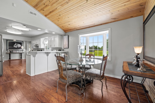 dining area featuring dark hardwood / wood-style floors, lofted ceiling, and wooden ceiling