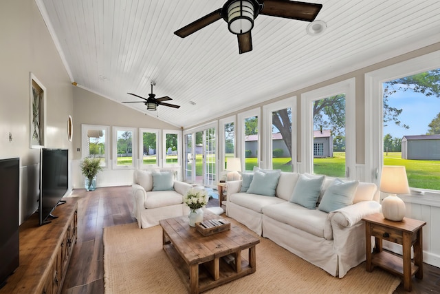 sunroom / solarium featuring plenty of natural light, wooden ceiling, and lofted ceiling