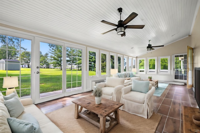 sunroom / solarium with plenty of natural light, ceiling fan, lofted ceiling, and wooden ceiling