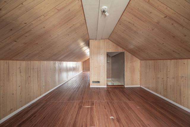 bonus room featuring wood-type flooring, vaulted ceiling, wooden ceiling, and wood walls