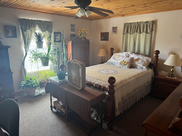 carpeted bedroom featuring ceiling fan and wooden ceiling