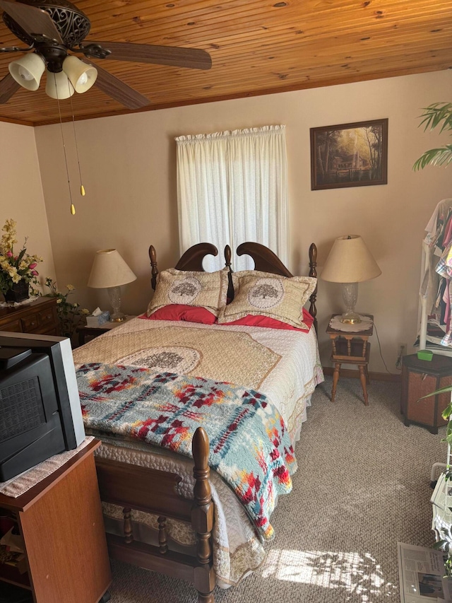 bedroom with carpet flooring, ceiling fan, and wooden ceiling