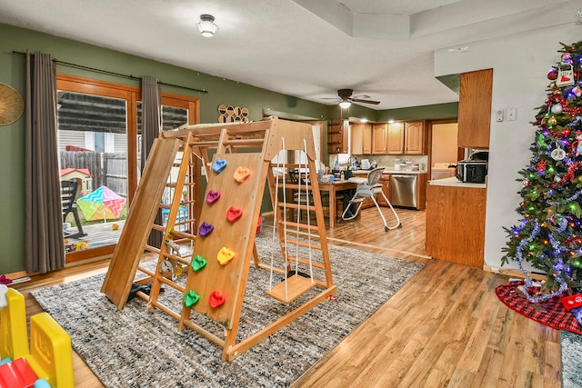 interior space featuring ceiling fan