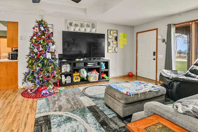 living room with hardwood / wood-style flooring and ceiling fan