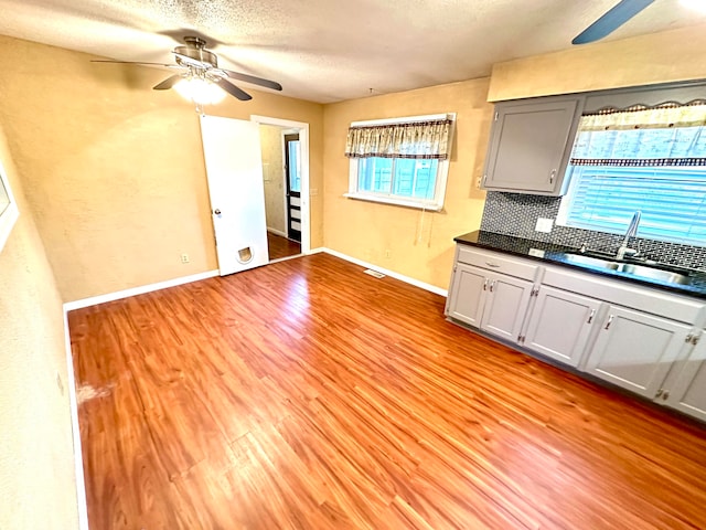 kitchen with gray cabinets, tasteful backsplash, light hardwood / wood-style floors, and sink