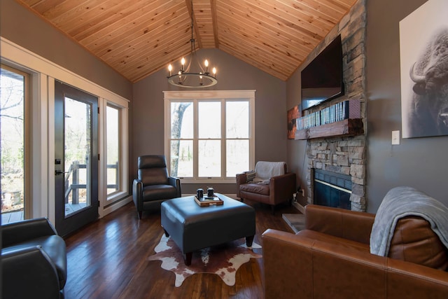 living room featuring an inviting chandelier, vaulted ceiling, a fireplace, dark hardwood / wood-style flooring, and wood ceiling