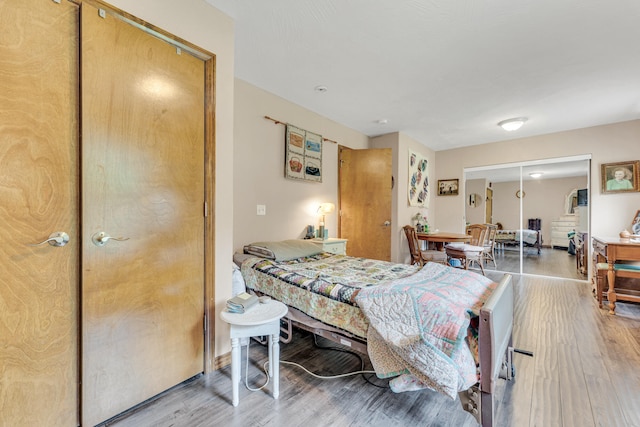 bedroom with wood-type flooring and a closet