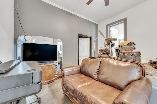 living room with concrete flooring, ceiling fan, and ornamental molding