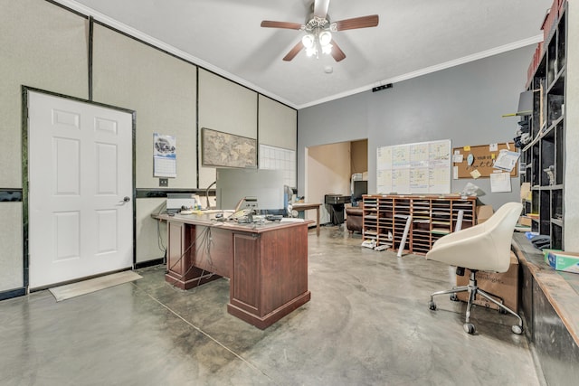 office area with ceiling fan, ornamental molding, and concrete floors