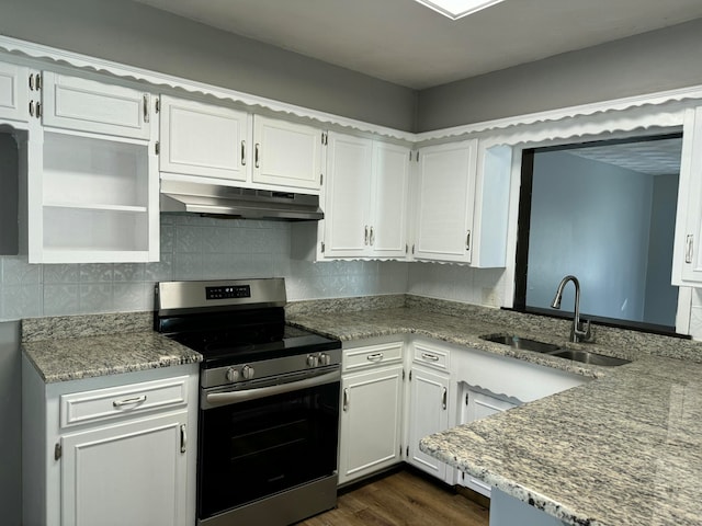 kitchen featuring white cabinetry, stainless steel range with gas cooktop, sink, and dark wood-type flooring