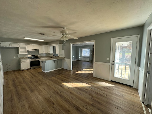 kitchen featuring white cabinets, a healthy amount of sunlight, stainless steel range oven, and kitchen peninsula