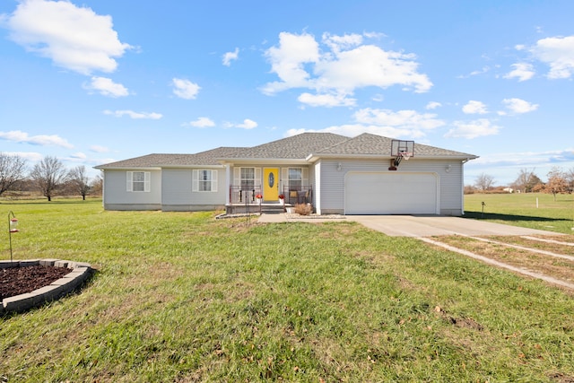 ranch-style home featuring a garage and a front lawn