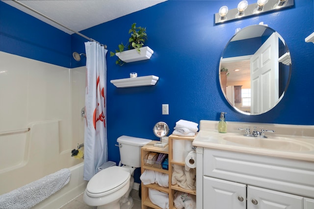 full bathroom featuring vanity, tile patterned floors, toilet, shower / bathtub combination with curtain, and a textured ceiling