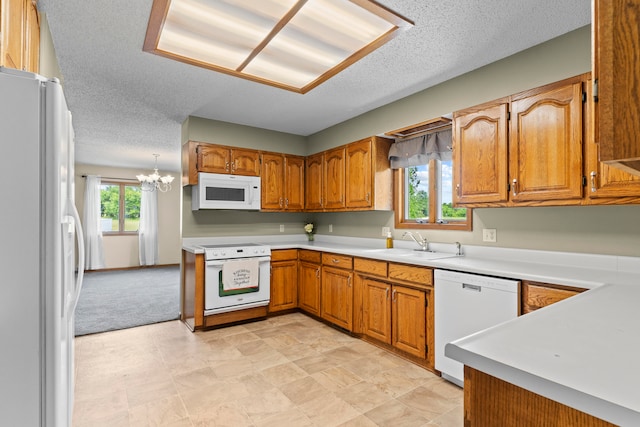 kitchen featuring a notable chandelier, a healthy amount of sunlight, white appliances, and sink