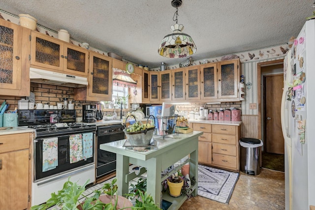 kitchen featuring pendant lighting, white appliances, a textured ceiling, and backsplash