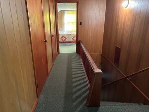 corridor featuring wooden walls and dark carpet