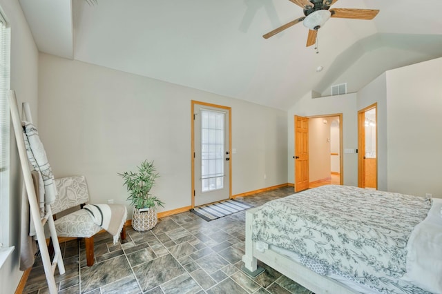 bedroom with ceiling fan and lofted ceiling