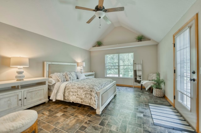 bedroom with access to outside, ceiling fan, and high vaulted ceiling