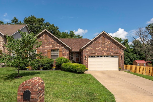 view of front of property featuring a front yard and a garage