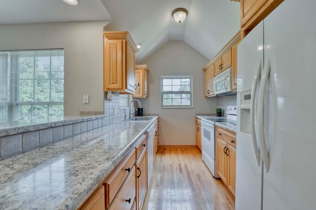 kitchen with plenty of natural light, light wood-type flooring, white appliances, and decorative backsplash