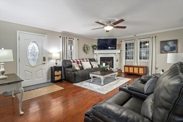 living room featuring crown molding, ceiling fan, and dark wood-type flooring