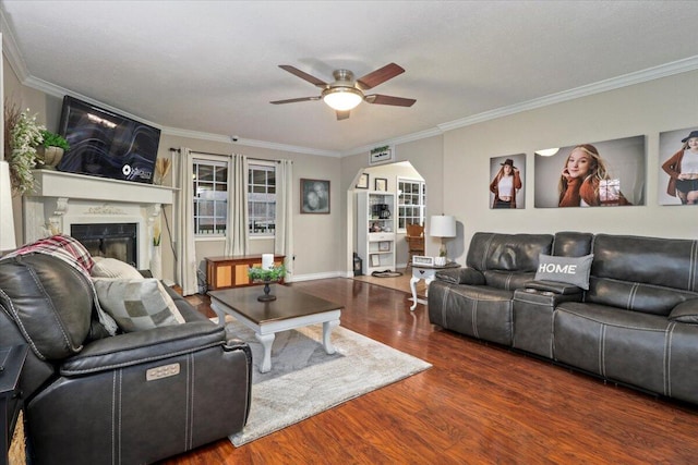 living room with dark hardwood / wood-style floors, ceiling fan, and ornamental molding