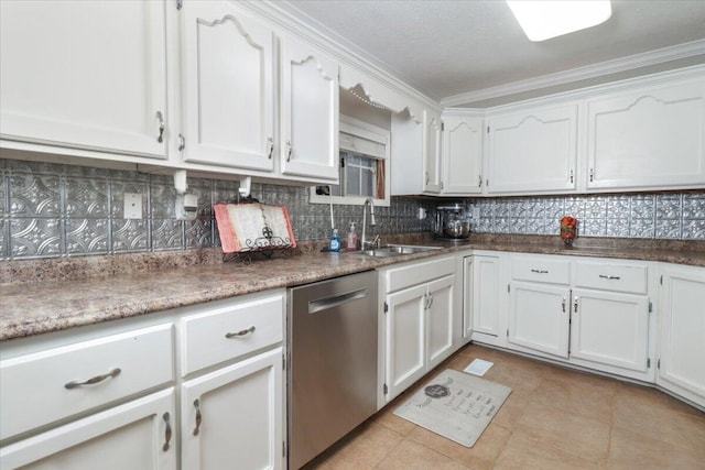 kitchen with stainless steel dishwasher, white cabinetry, and sink