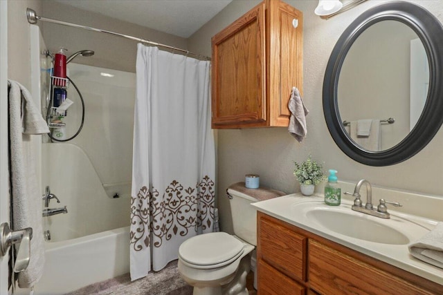 full bathroom featuring vanity, shower / tub combo, and toilet