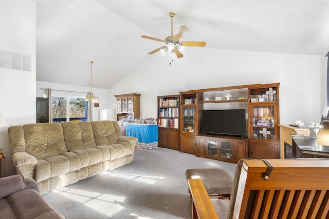 living room with carpet, ceiling fan, and high vaulted ceiling