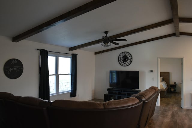 living room with vaulted ceiling with beams, ceiling fan, and hardwood / wood-style floors