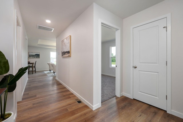 corridor with wood-type flooring